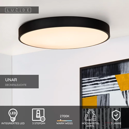Lucide UNAR - Deckenleuchte - Ø 49,5 cm - LED 3 StepDim - 1x36W 2700K - Schwarz - USP